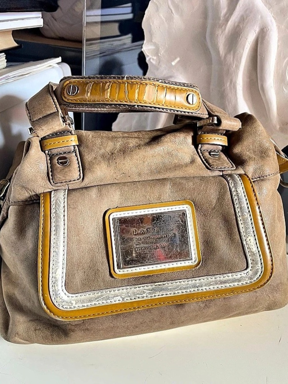 L.A.M.B. Esquivel Satchel. Striped Shoulder Bag Brown & Yellow